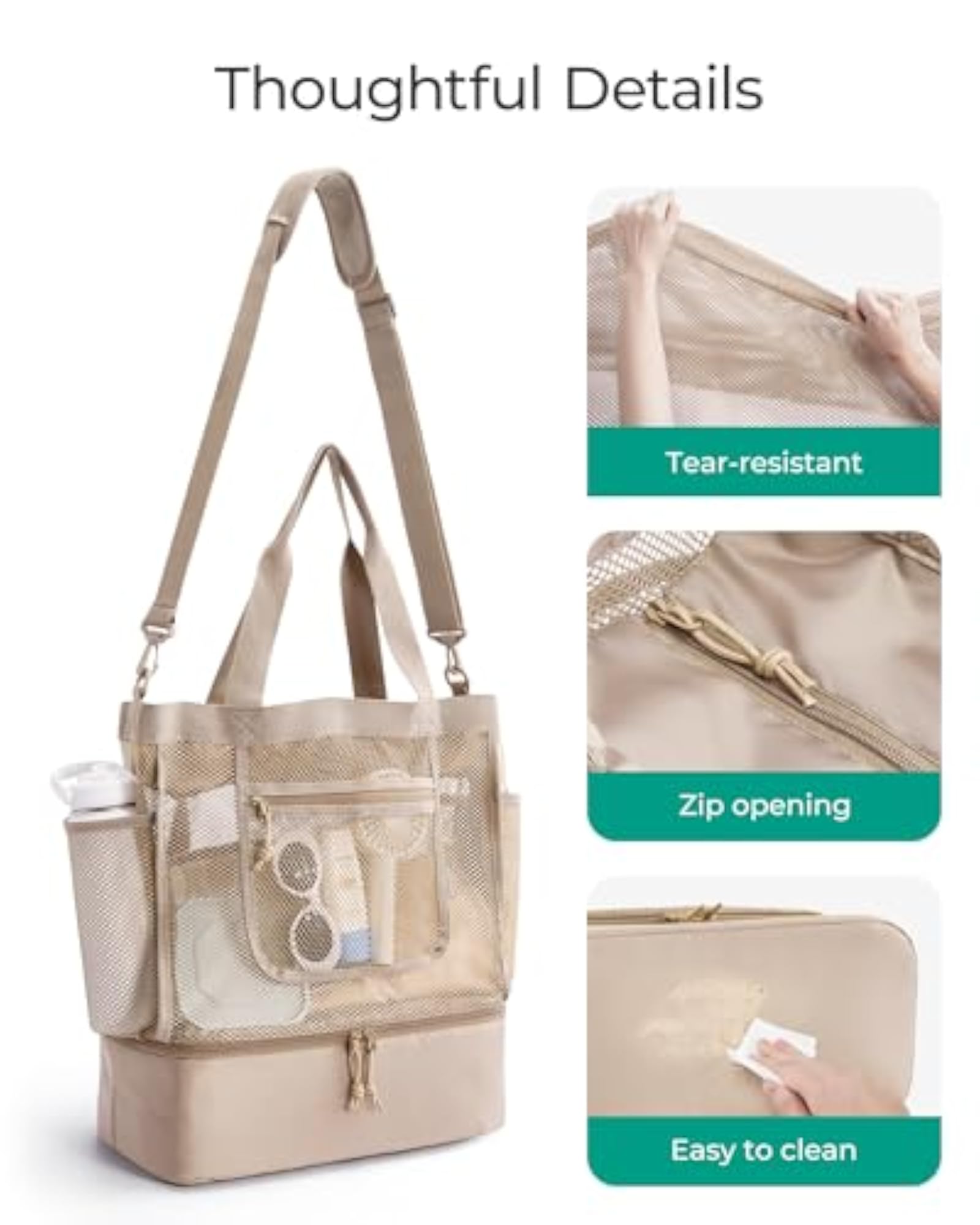 Women's Beach Mesh Tote Bag with Zipper, Sandproof Vacation Essential